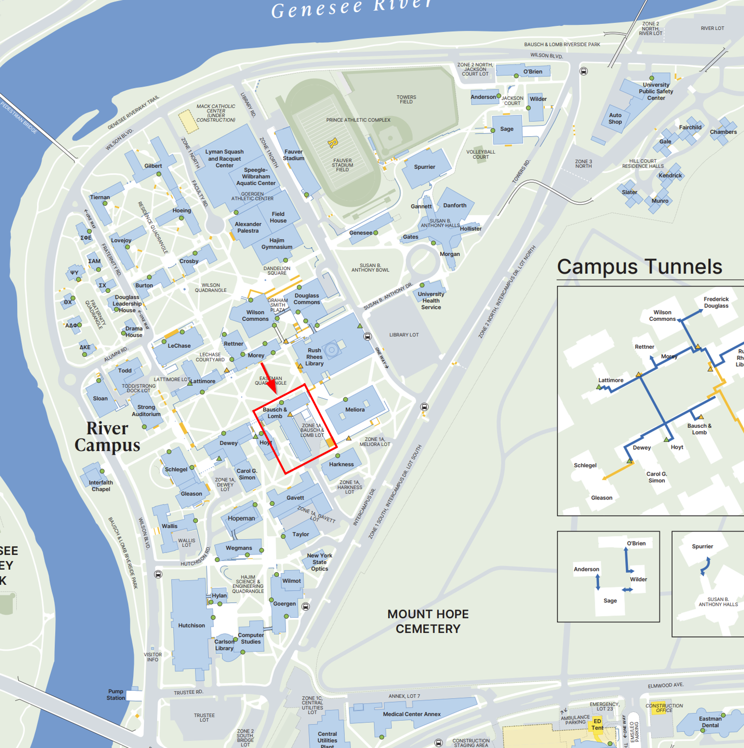 Map of the University of Rochester campus, with Bausch and Lomb indicated.